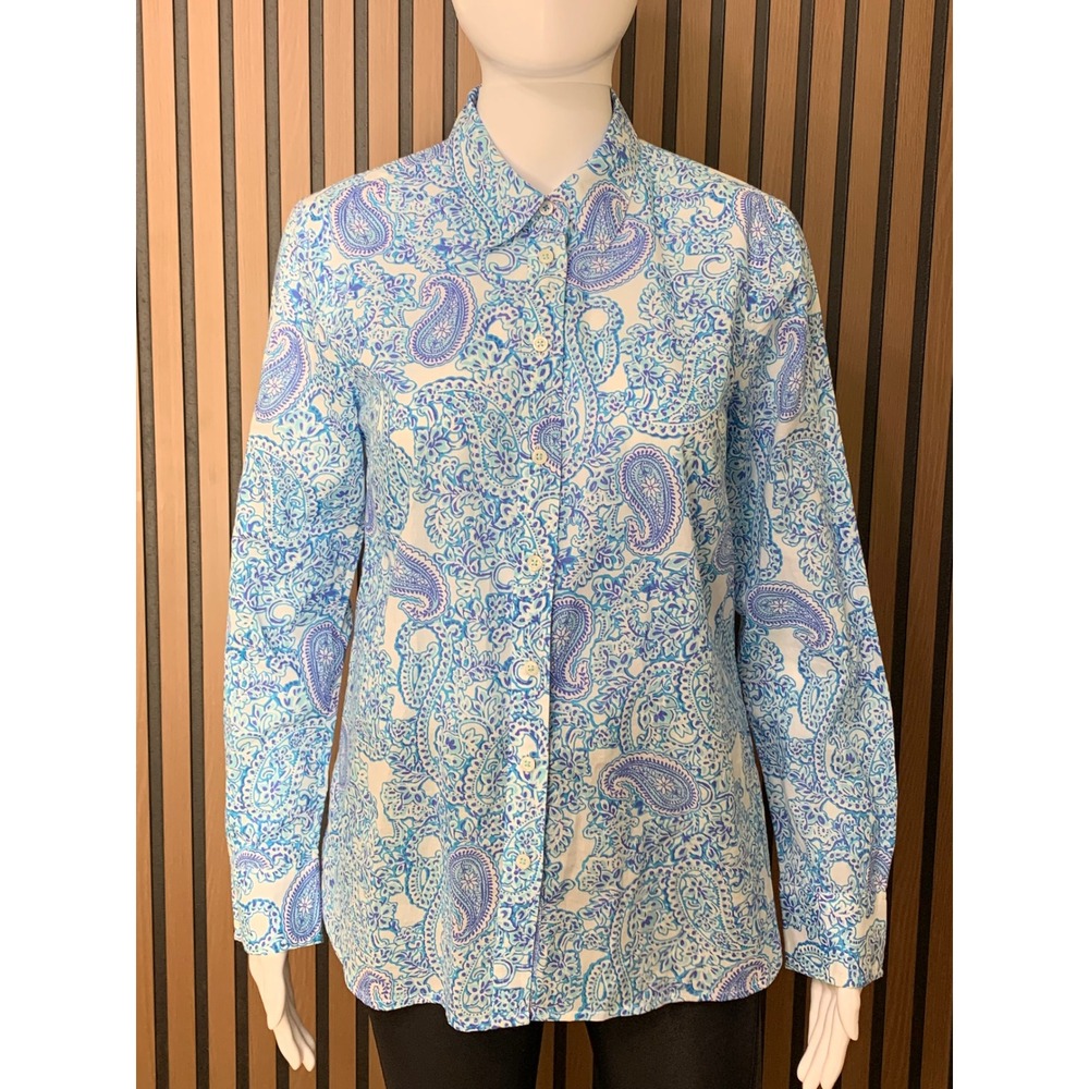 Talbots Blue White Paisley Cotton Button Down Shirt XS Long Sleeve Blouse